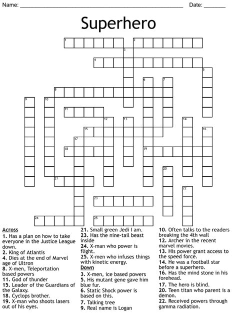 Superhero Crossword Puzzle Printable